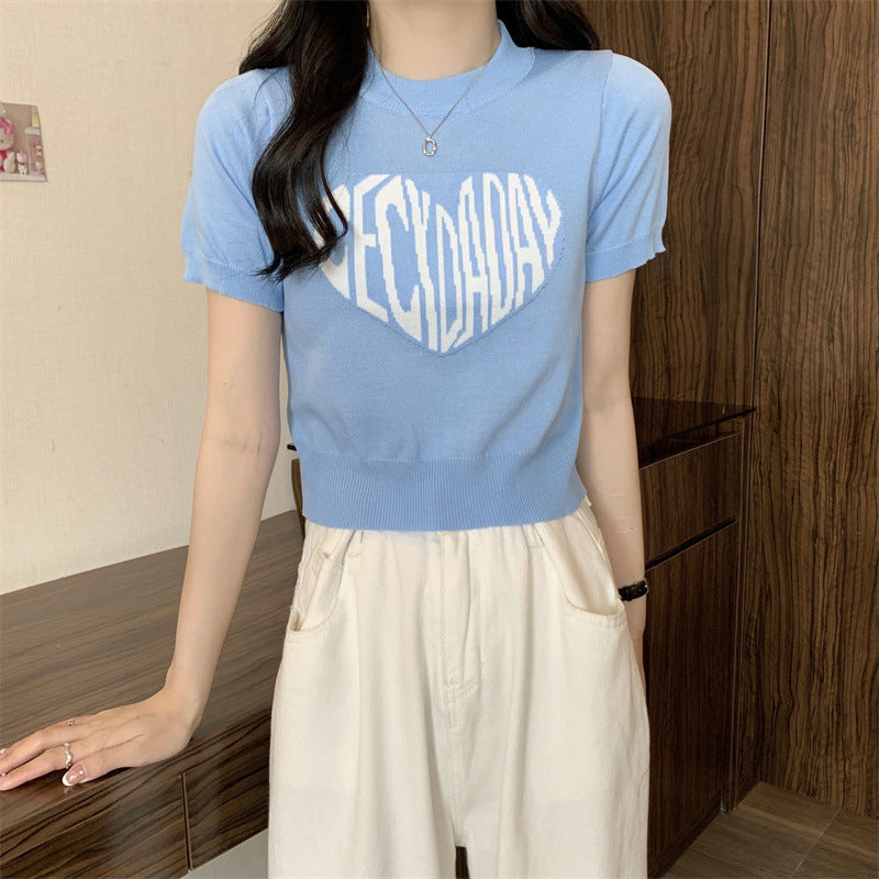 ハート フォント ゆったりショートトップ 半袖Tシャツ sle000055