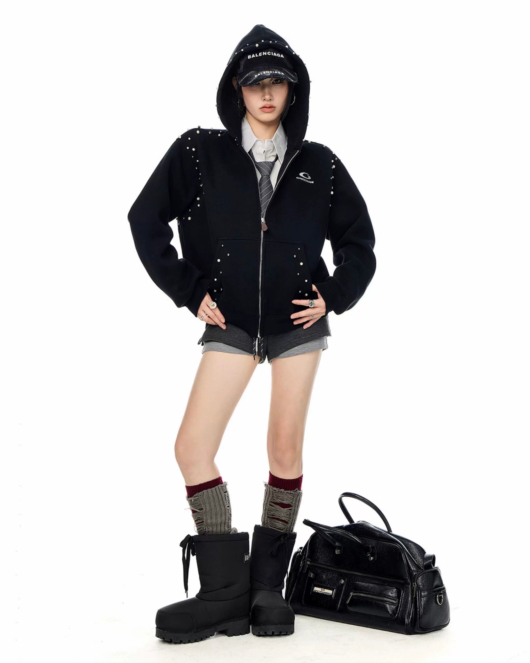 【Tops】Pearl Studded Oversized Zip Hoodie mry001895