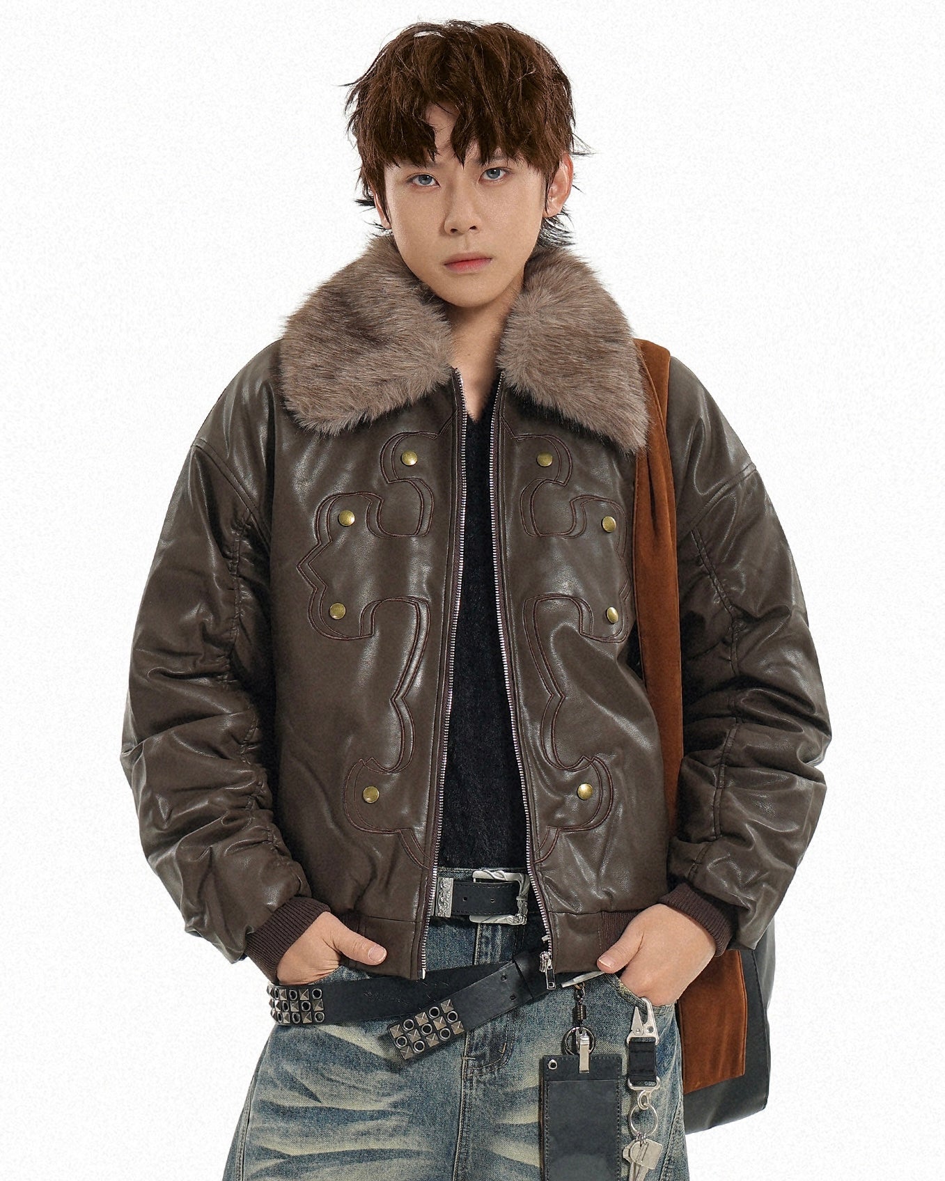 Fur Collar Cross Leather Jacket mry002018