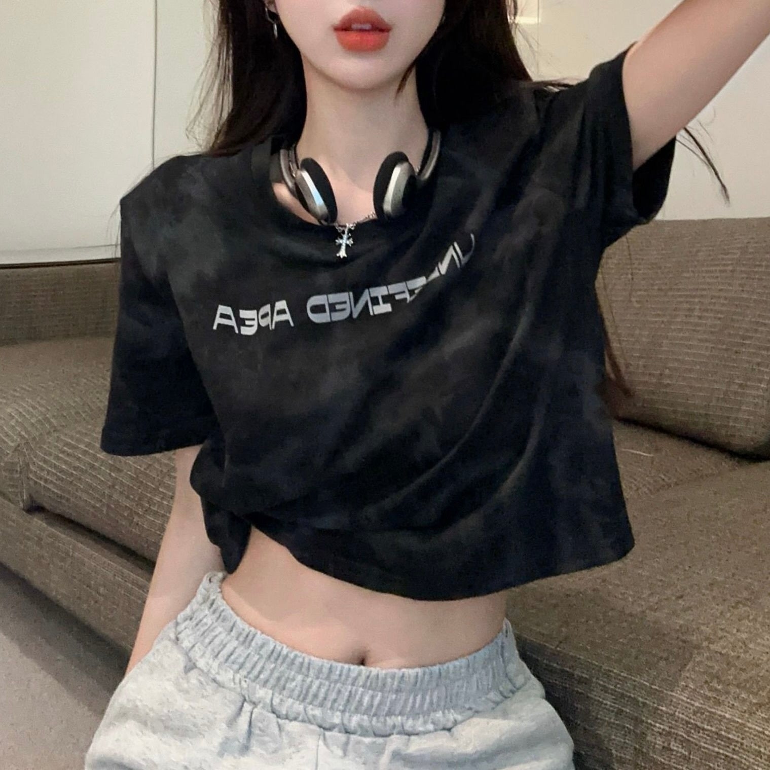 ２カラー展開 2023SS タイダイ柄 クロップド丈 レタリング 半袖 Tシャツ 韓国ストリート 韓国カジュアル　mry000839