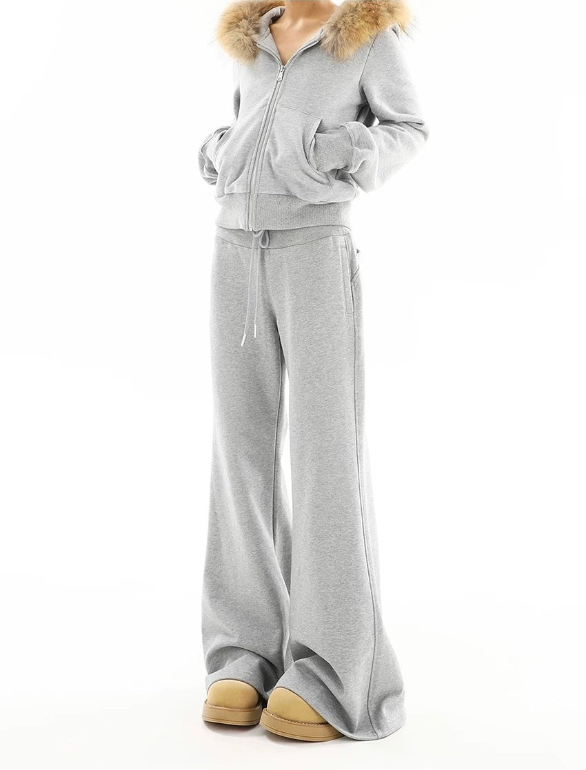 【Set-Up】Fur Hood Zip-Up & Wide-Leg Sweatpants Set-Up mry001892