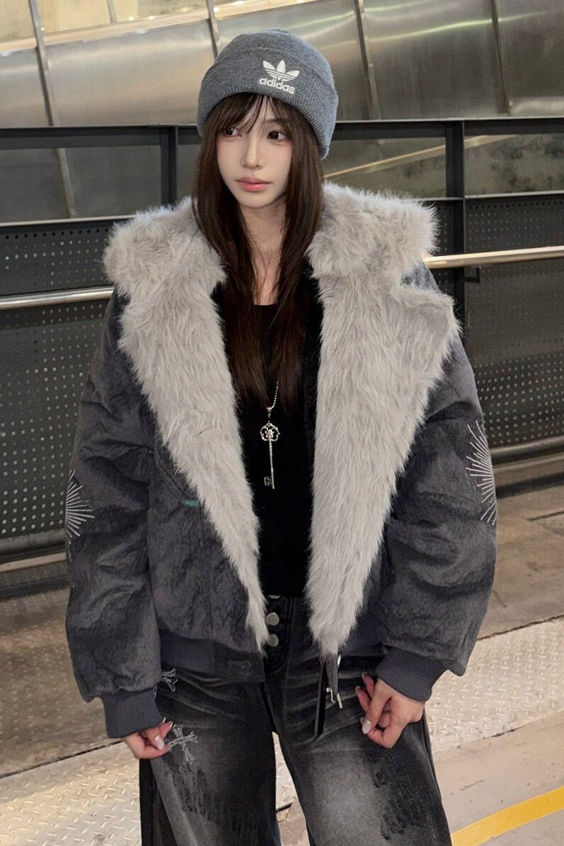 Grunge Faux Fur Hooded Bomber Jacket mry002193