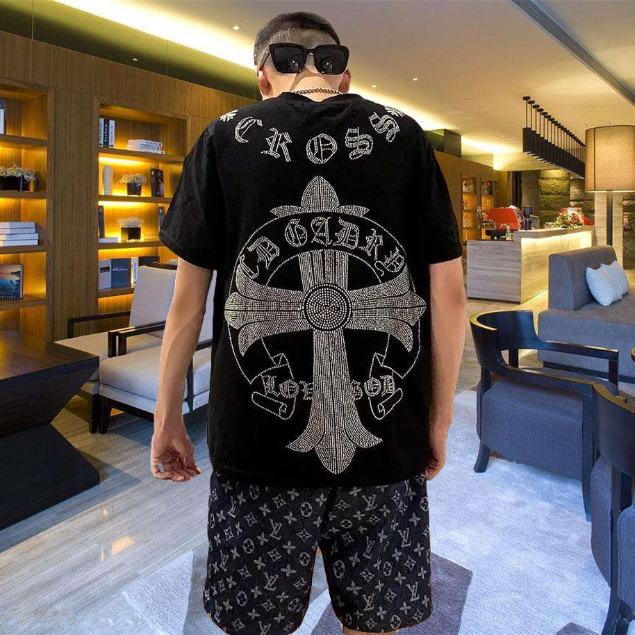 ２カラー展開 2023SS クロス ライン ストーン バック プリント Tシャツ 韓国ストリート 韓国カジュアル　mry000848
