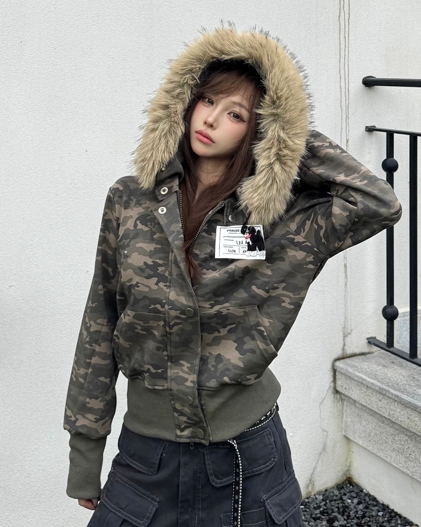 Camo Fur-Hood Short Jacket mry002013