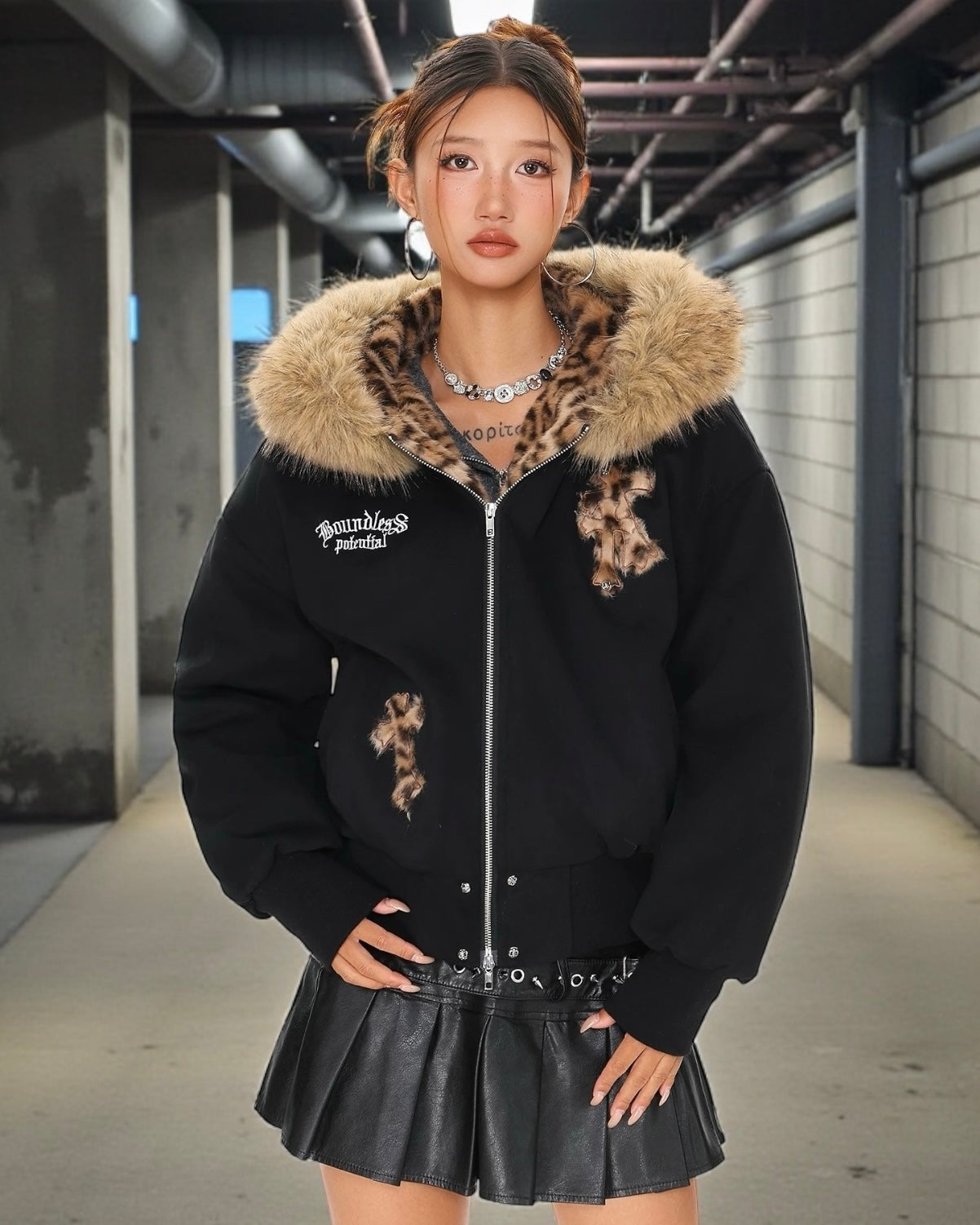 Leopard Lined Fur Hood Jacket mry002068