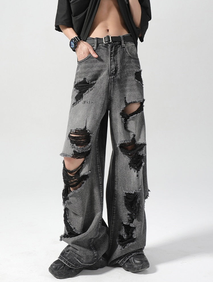 Extreme Distressed Wide-Leg Jeans mry001737