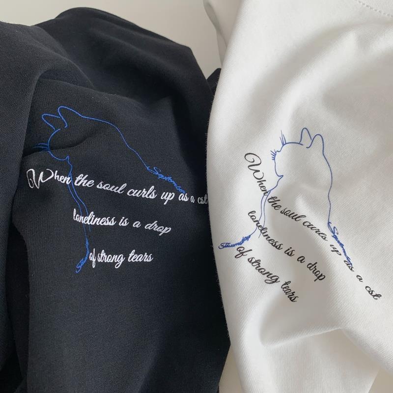 【送料無料】高級感 カジュアル 2カラー展開 ロングTシャツ キャットデザイン  シンプルコーデ 韓国カジュアル  mry000609