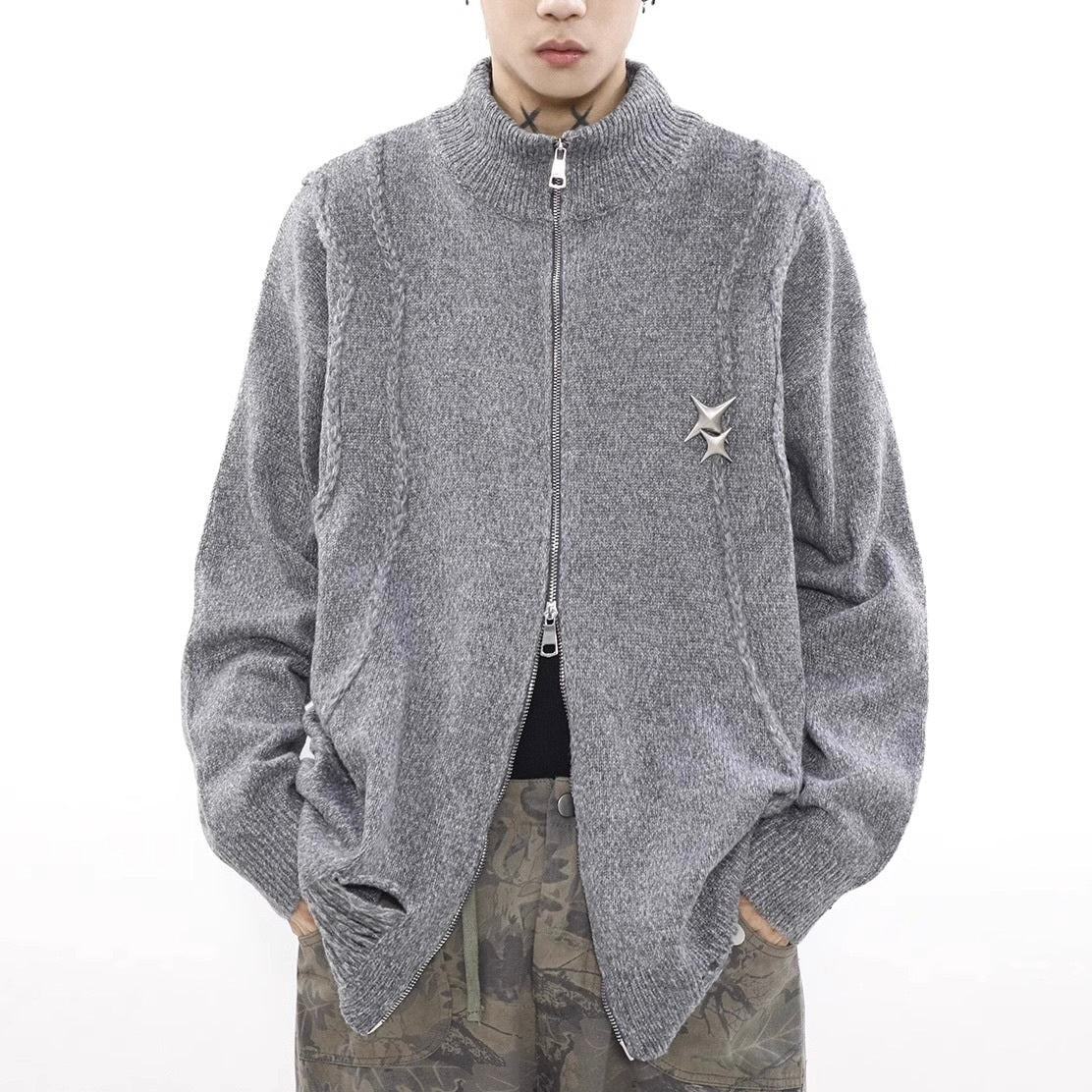 【2color】Metal Damage Zip Knit mry001597