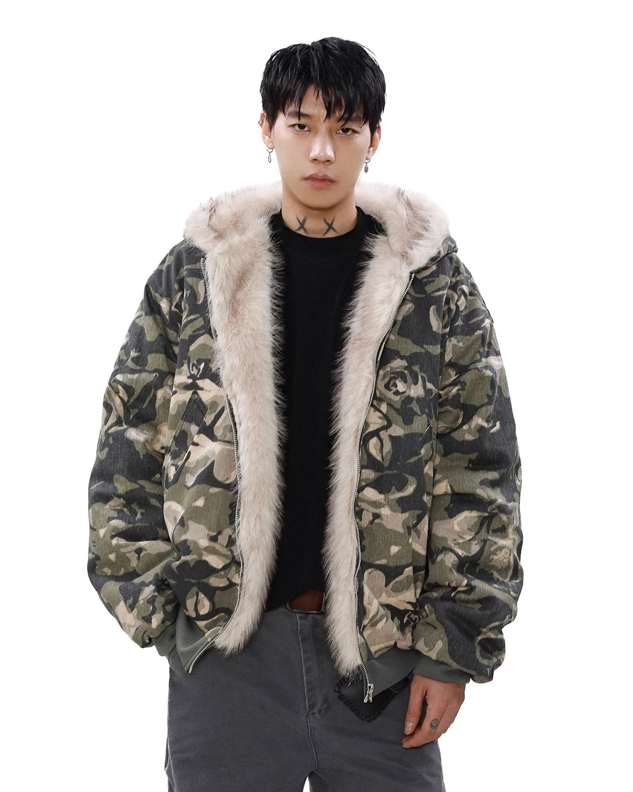 『評価★4.8以上／トレンド大人気アウター』Camo Fur-Lined Hooded Jacket mry001848