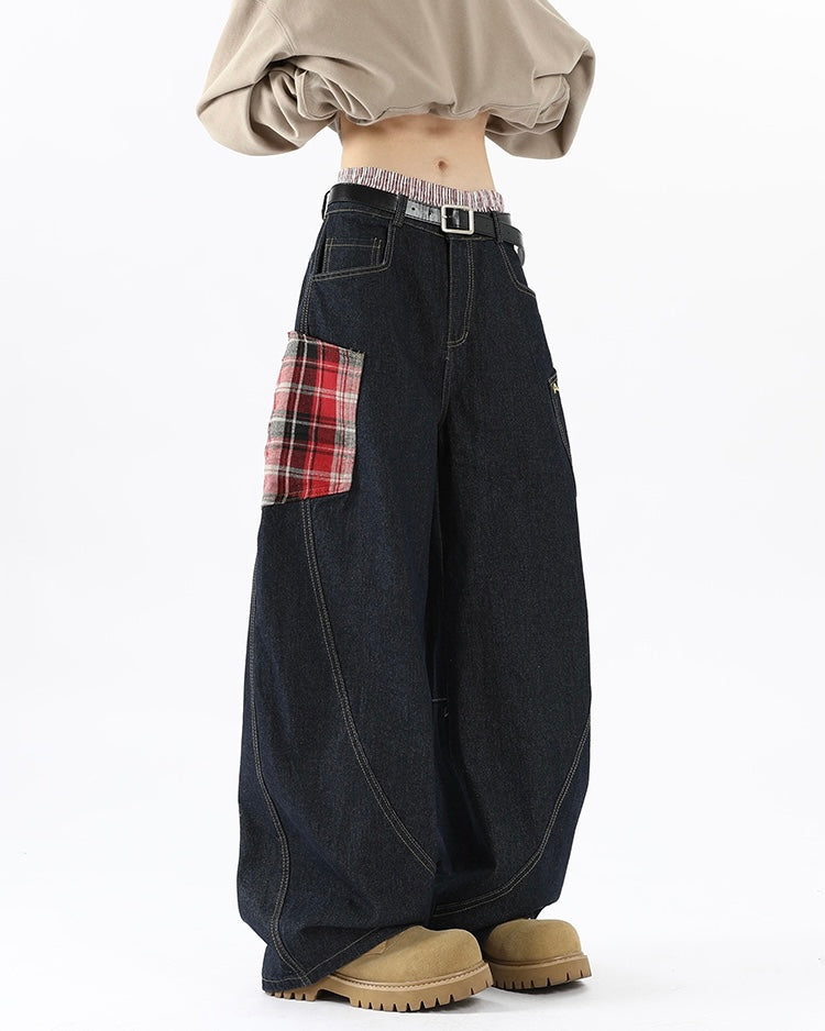 【COVER:FIT】 Plaid Patch Wide-Leg Denim Pants mry001859