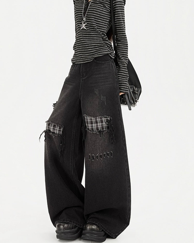 【COVER:FIT】Plaid Patch Ripped Wide-Leg Jeans mry001872