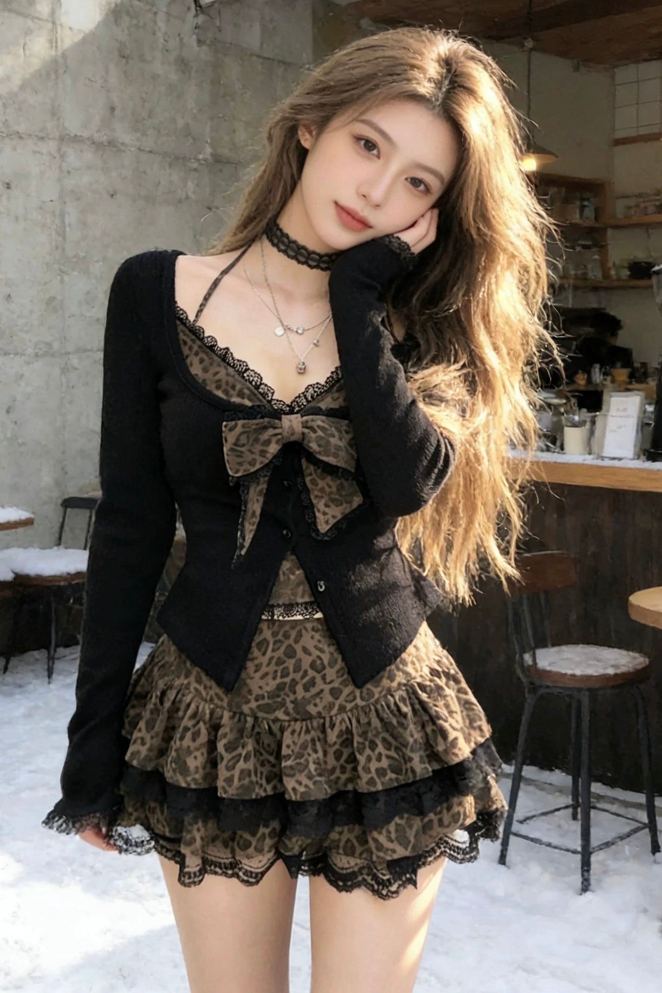 【セットアップ】レオパードリボントップス&フリルスカート mry002173