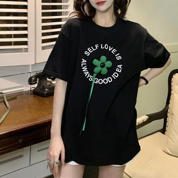 フラワープリント　ミドル丈　Tシャツ　mry000138