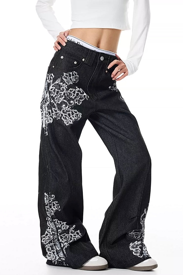 Grunge Floral Wide-Leg Denim Pants mry002239