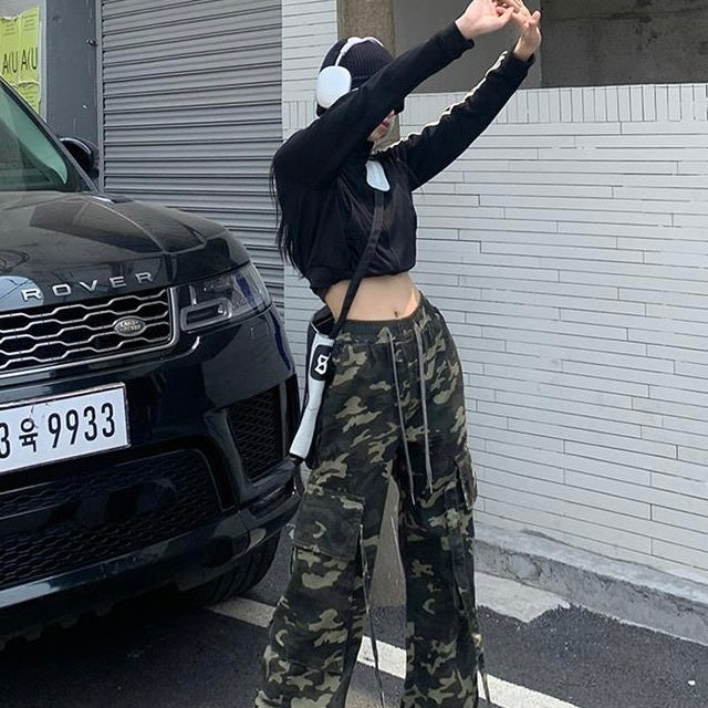 迷彩　ハイウエスト　ルーズ　ストレートパンツ　sle000123