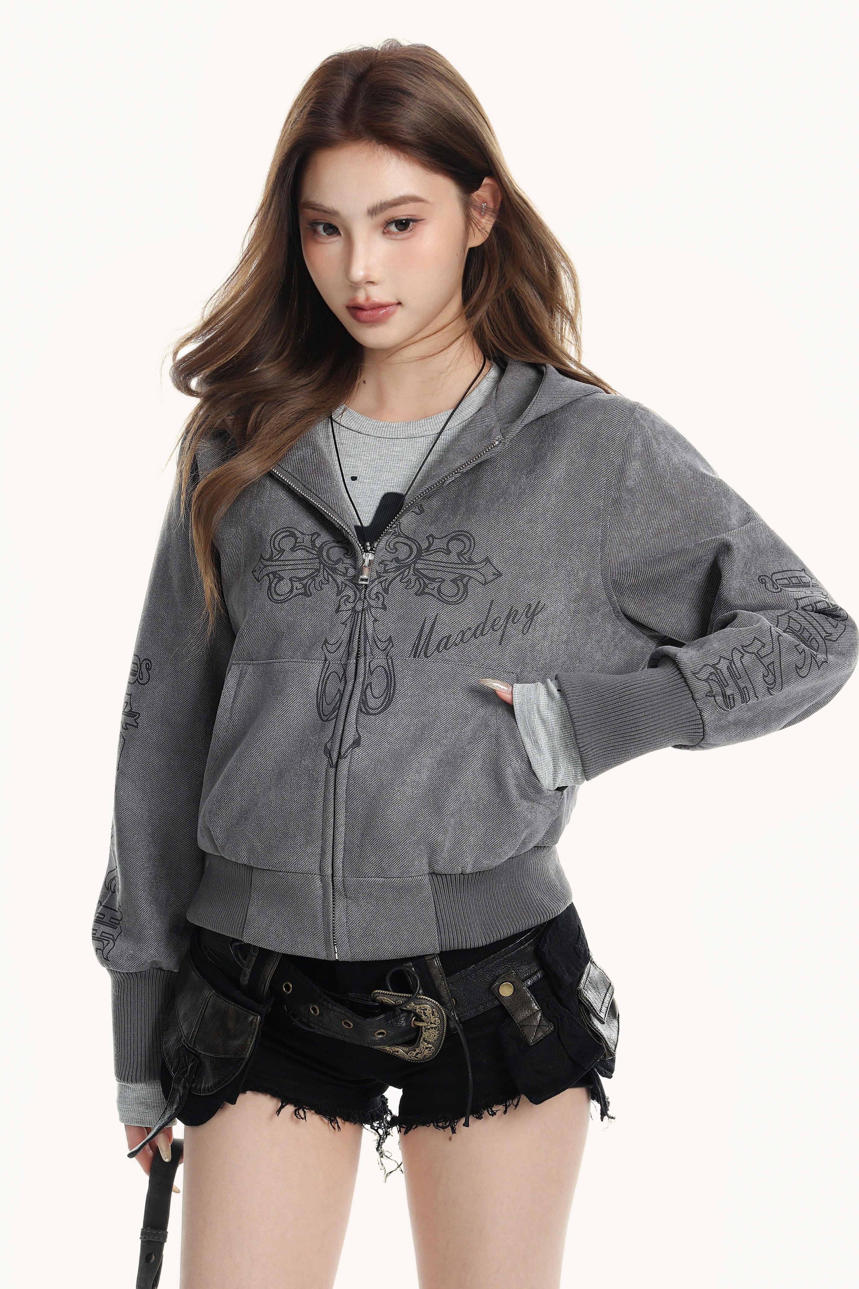 Washed Graphic Zip-Up Hoodie mry002153