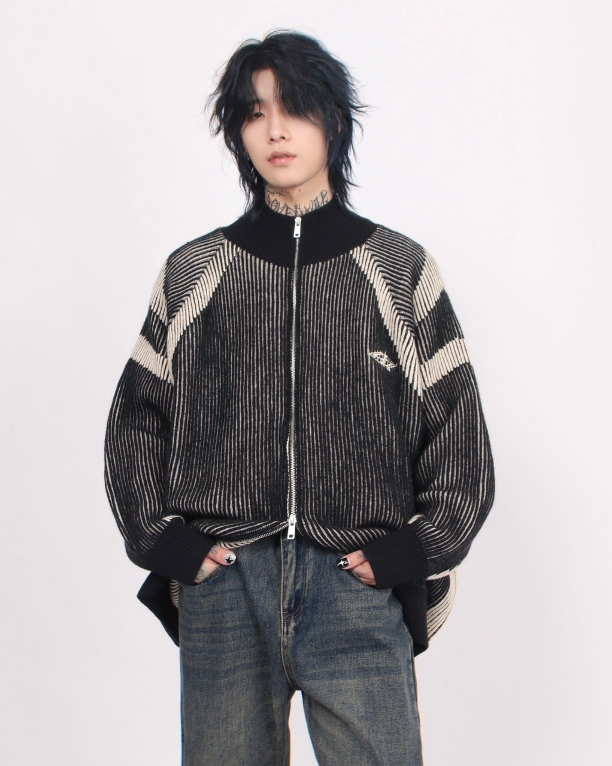 【評価★4.8以上／Tops】Two-Tone Stripe Zip Knit Cardigan mry001918