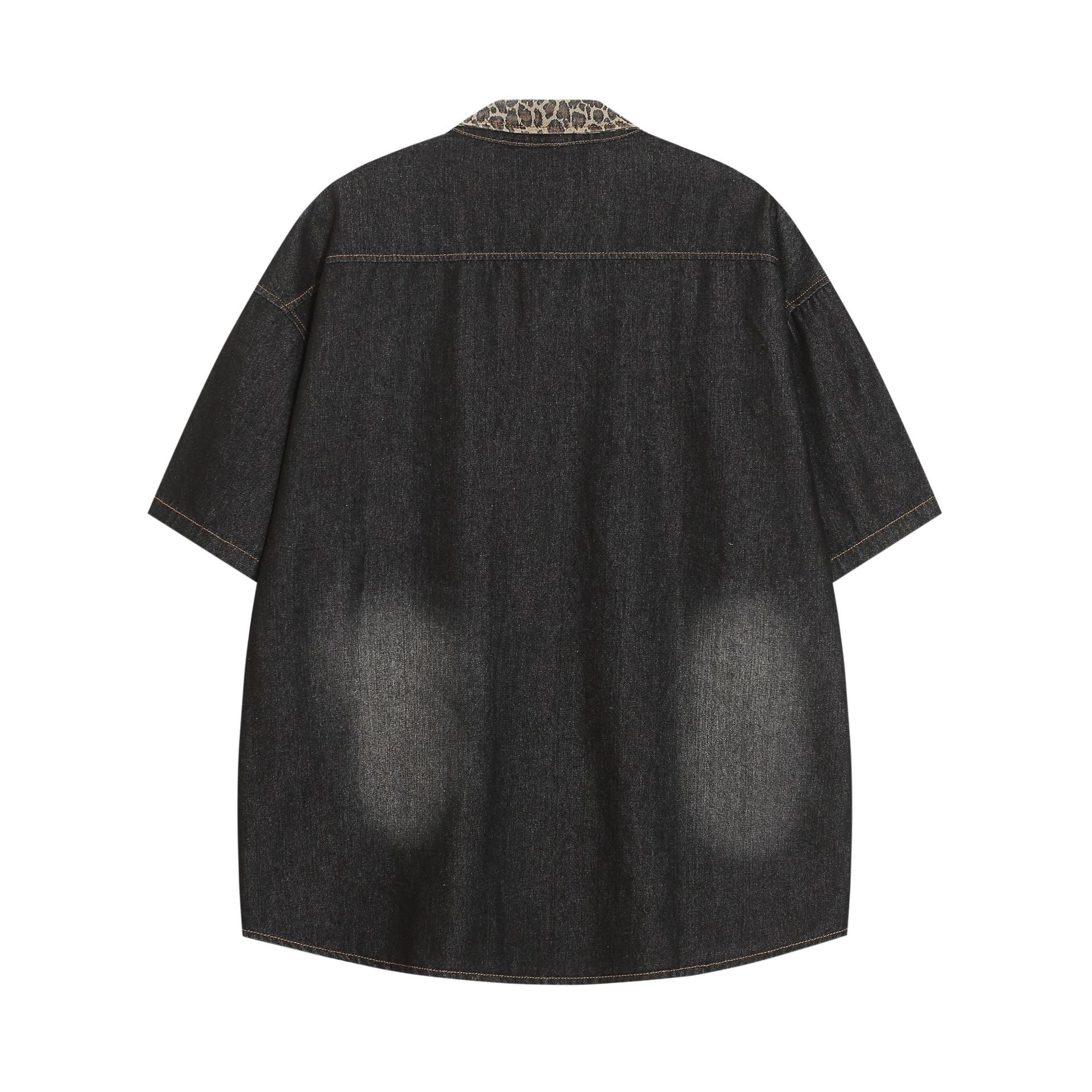 Leopard Trim Oversized Denim Shirt mry001738