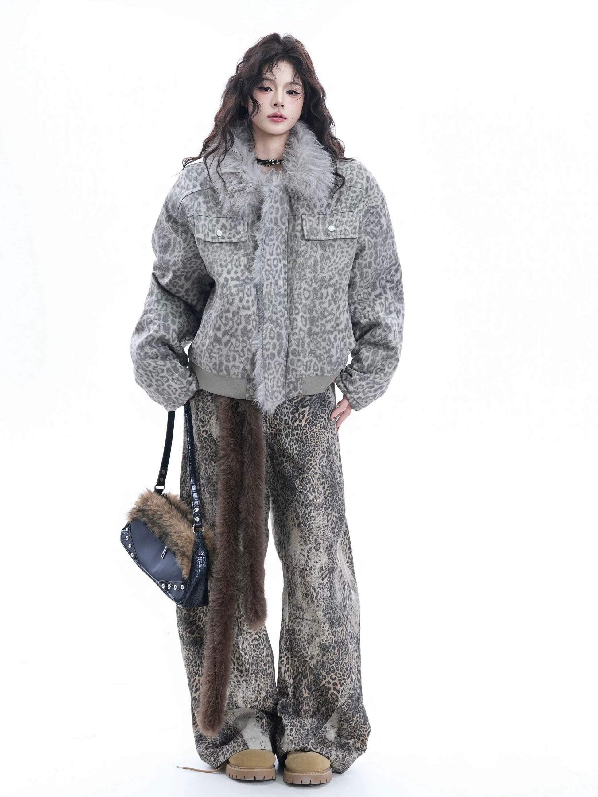 Leopard Faux Fur Trim Jacket mry002082