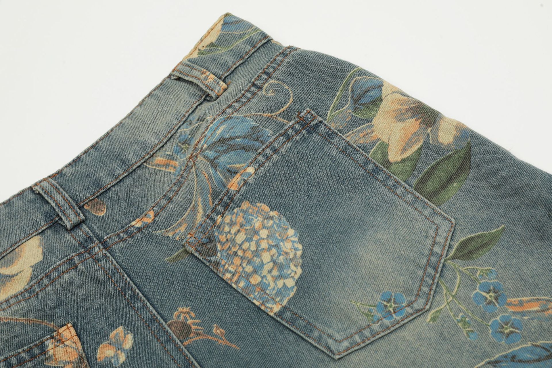 Vintage Floral Wide-Leg Denim Pants mry001734