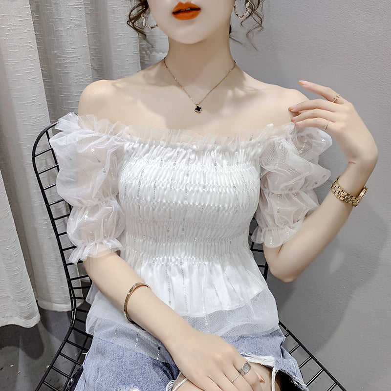 韓国系 ホワイト オフショルダーブラウス 春 秋 sle000002
