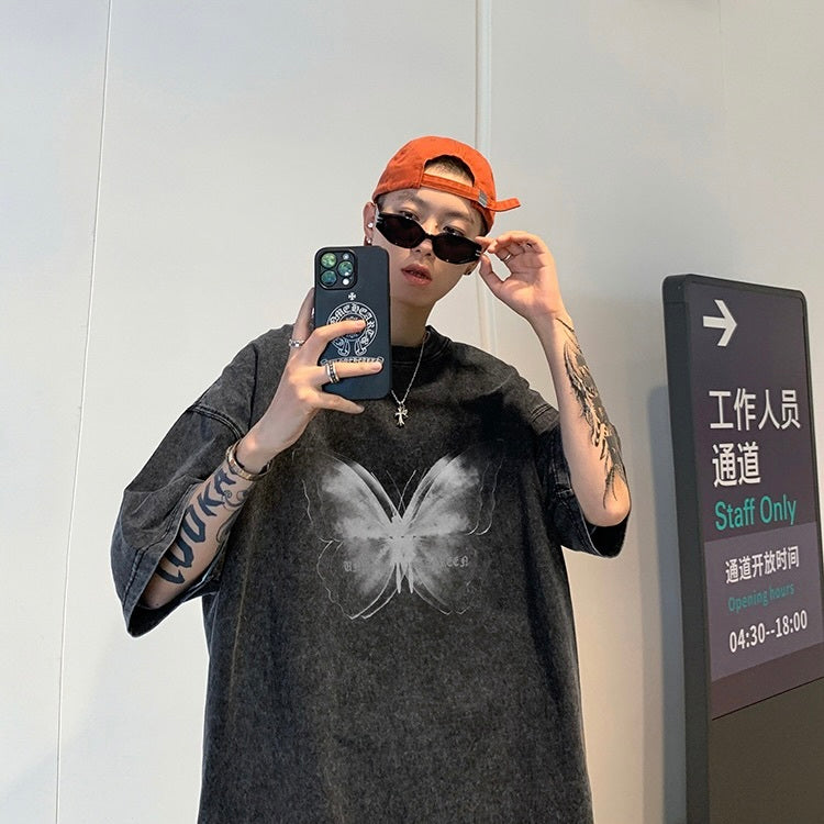 【送料無料】2カラー展開 2023SS レトロ グラフィック バタフライ ルーズ ビッグ Tシャツ ユニセックス 韓国ストリート 韓国カジュアル　mry000843