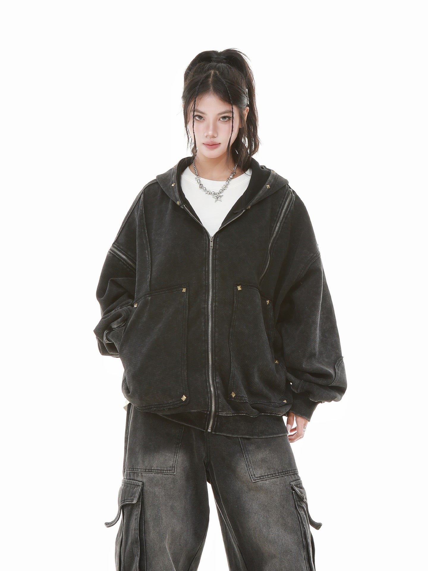 【評価★4.8以上】Vintage Washed Studded Overfit Hoodie Jacket mry001943