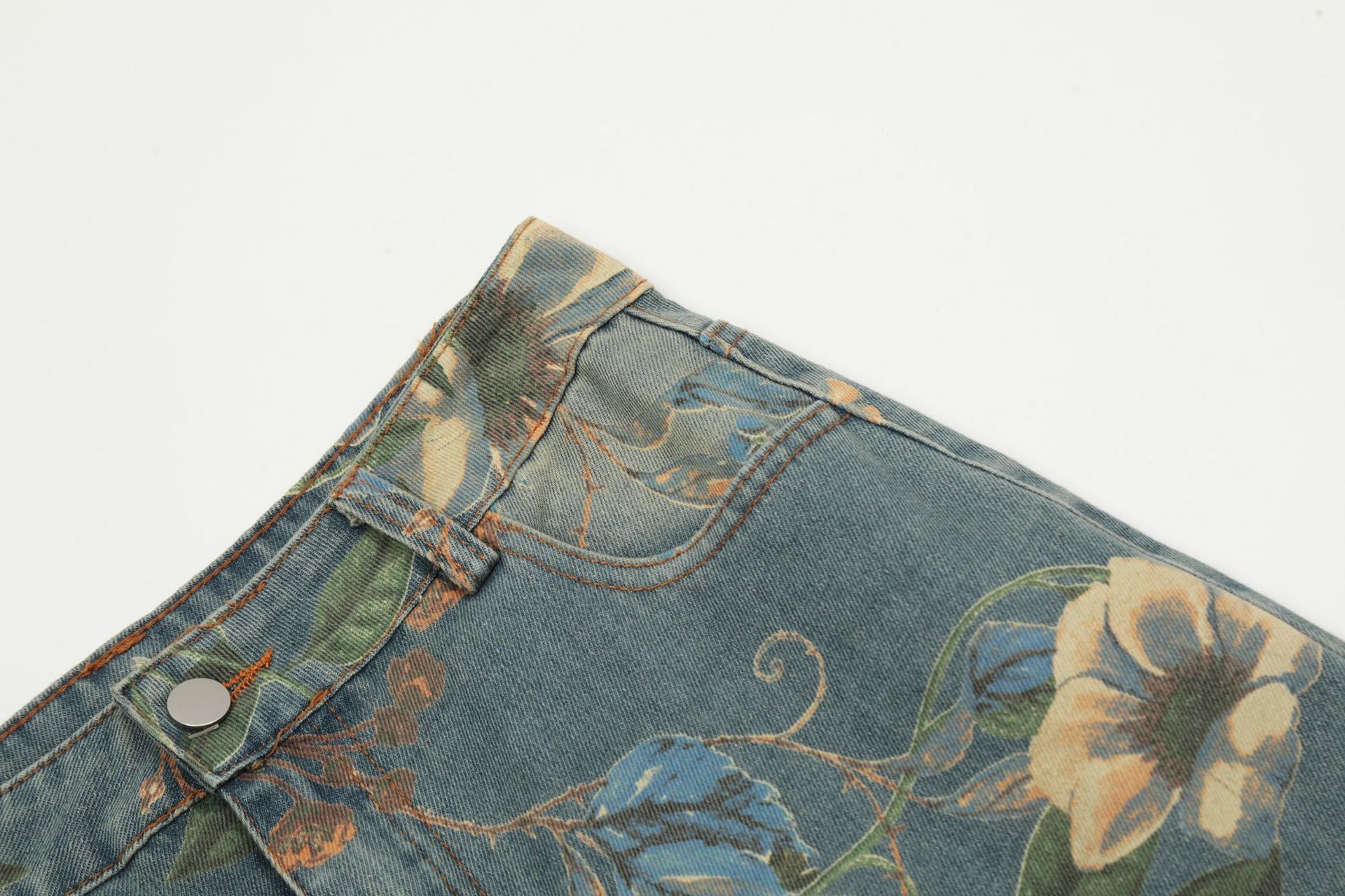Vintage Floral Wide-Leg Denim Pants mry001734