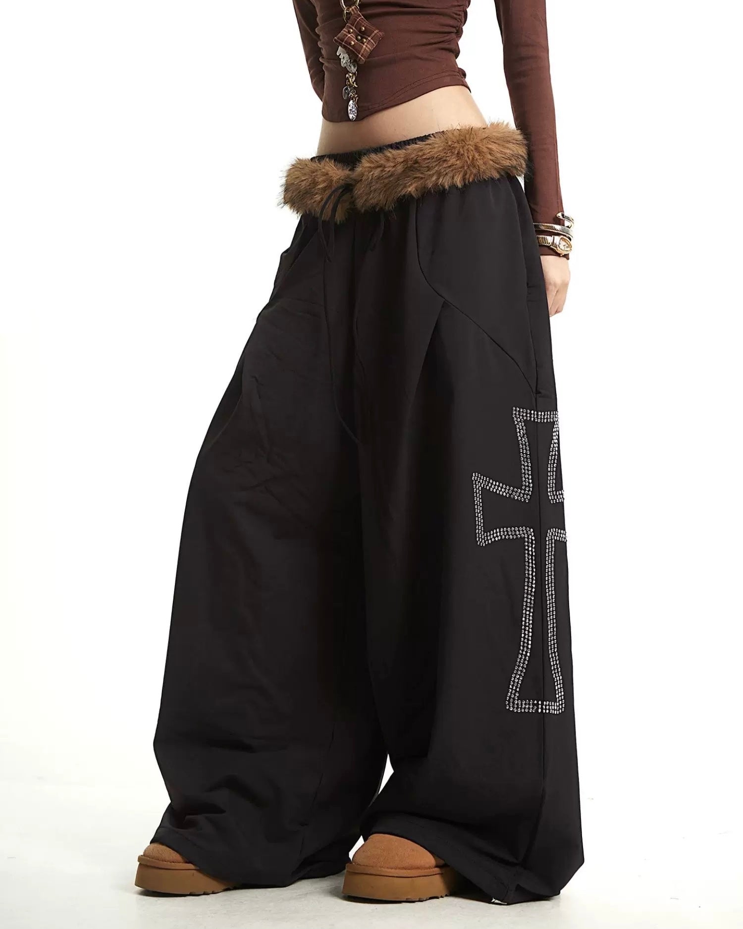 【YURU:FIT】Faux Fur Waist Wide-Leg Pants mry001879
