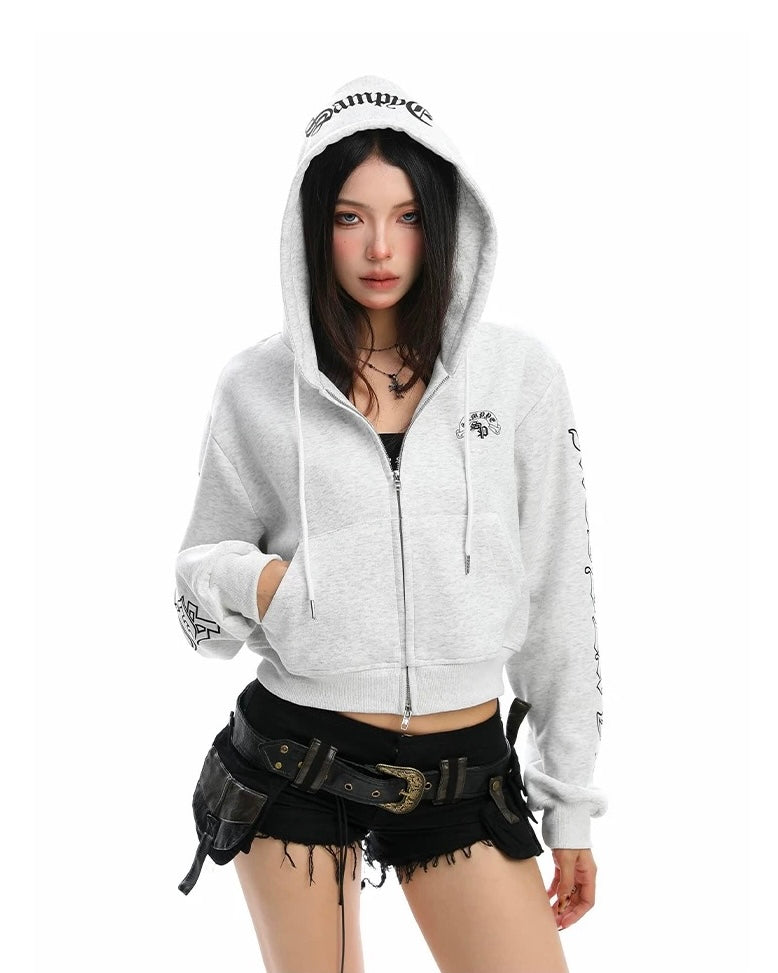 【Tops】Gothic Logo Cropped Zip Hoodie mry001888