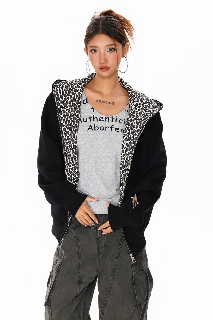 Leopard Cat Ear Zip Hoodie mry002296
