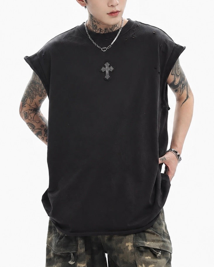 【トップス】クロスパッチノースリーブTシャツ mry002445