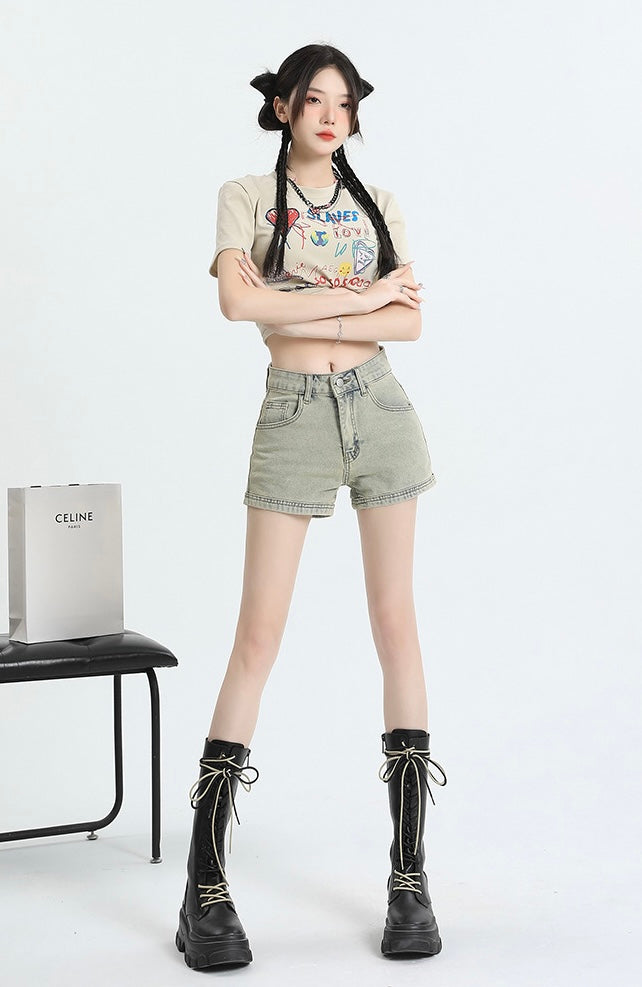 Zippered Back-Pocket Denim Shorts mry001748
