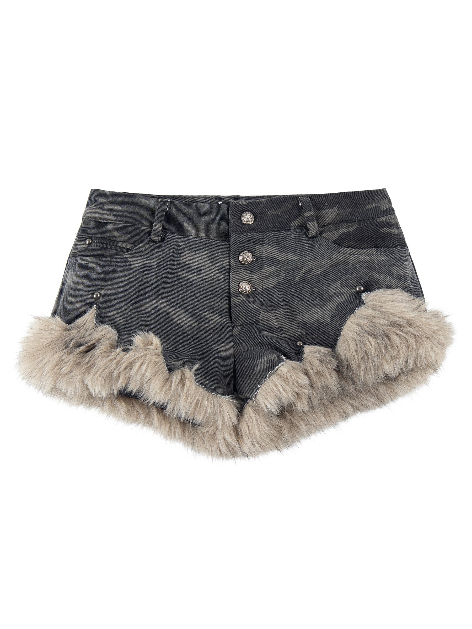 Camo Fur Trim Denim Shorts mry002138