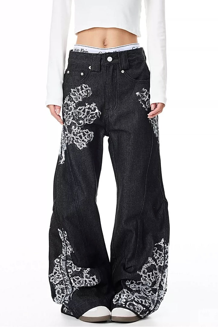 Grunge Floral Wide-Leg Denim Pants mry002239