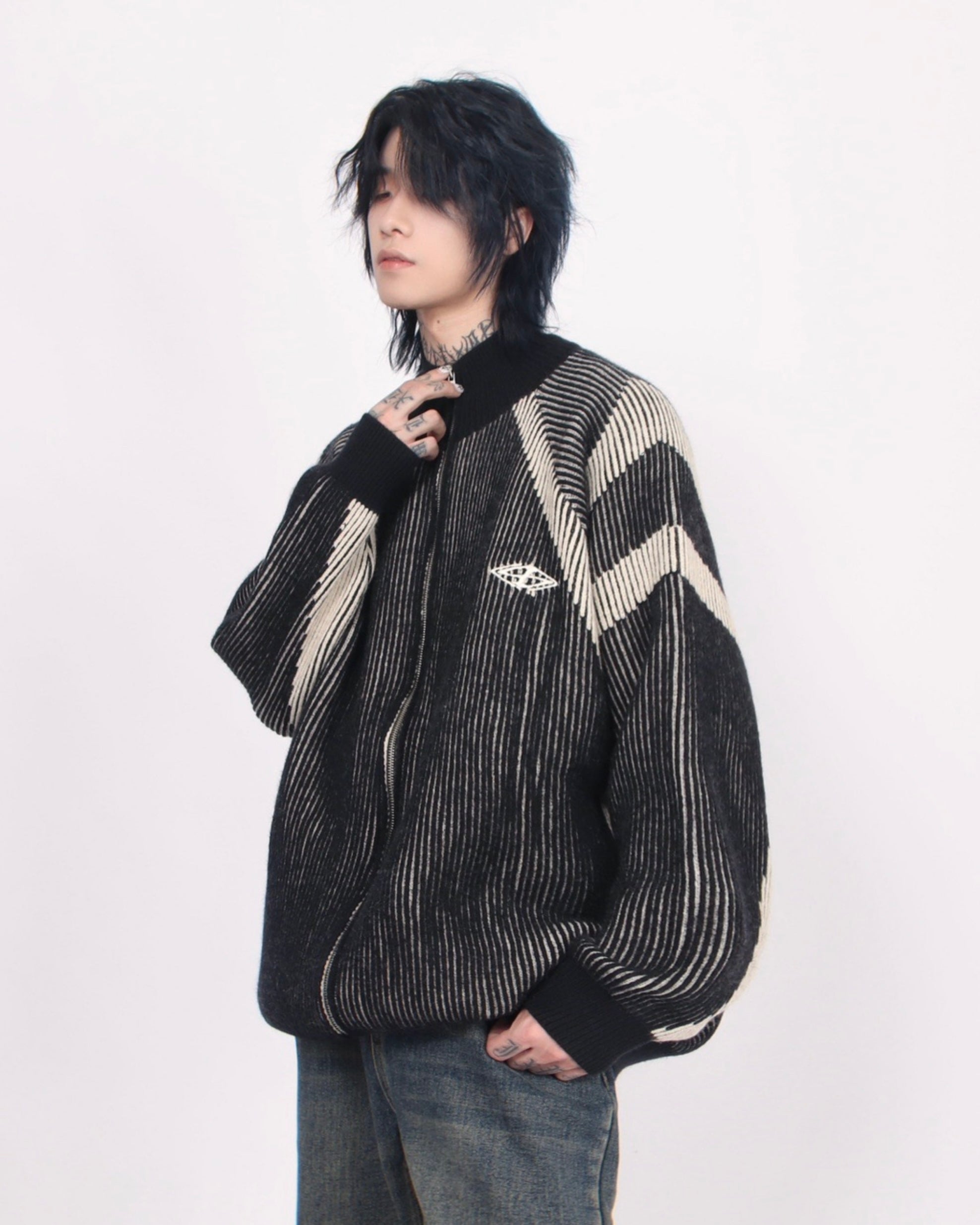 【評価★4.8以上／Tops】Two-Tone Stripe Zip Knit Cardigan mry001918
