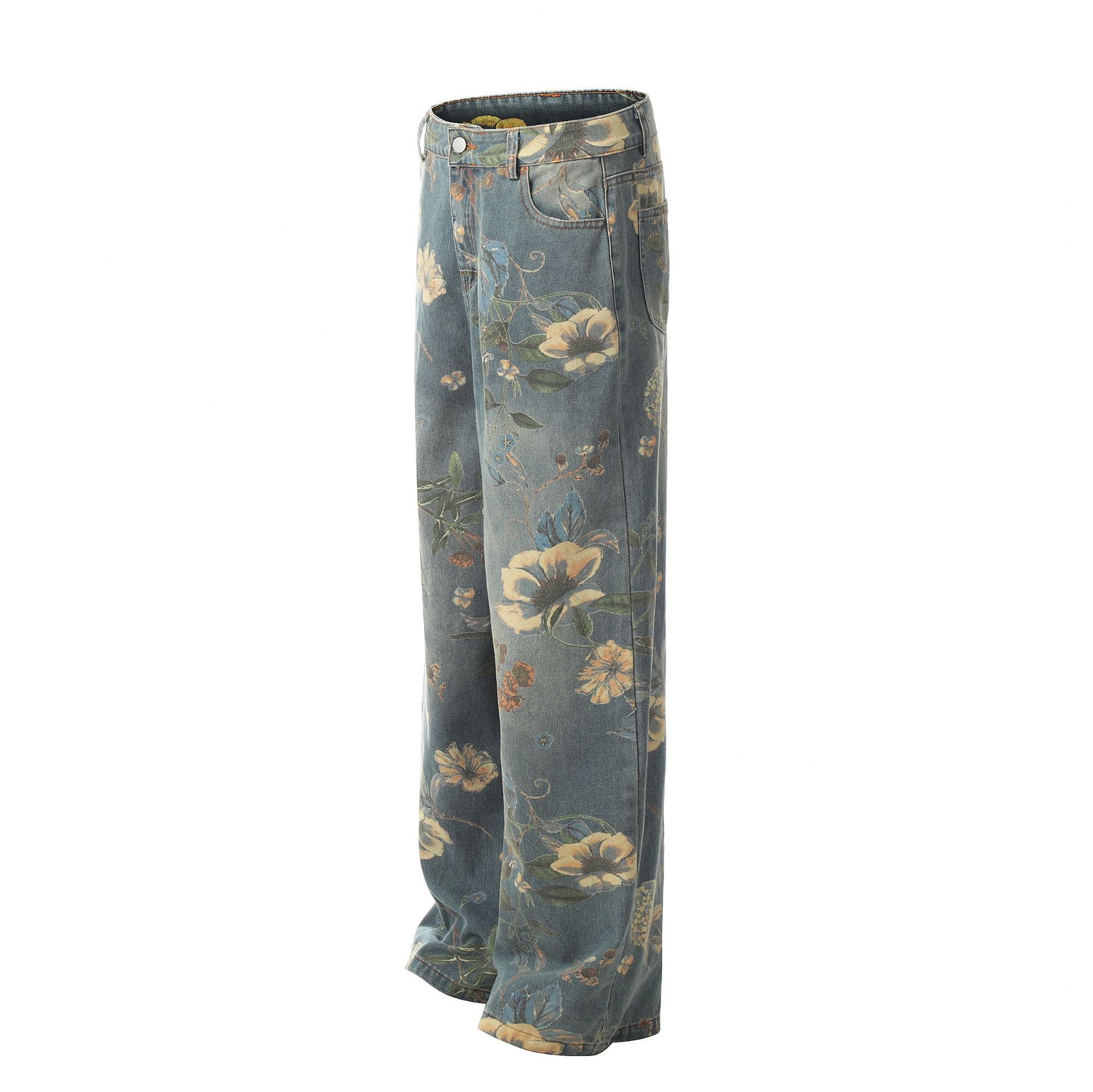 Vintage Floral Wide-Leg Denim Pants mry001734