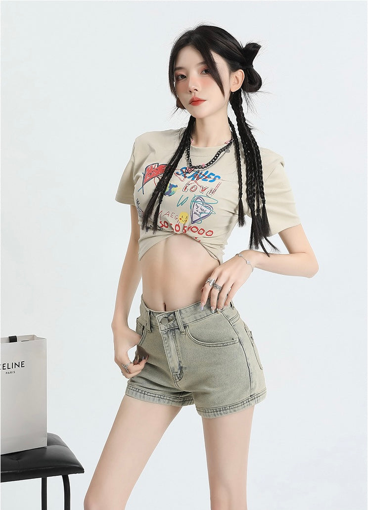 Zippered Back-Pocket Denim Shorts mry001748