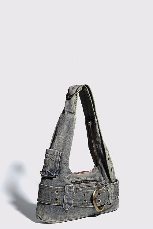 Washed Denim Belt Shoulder Bag mry002256