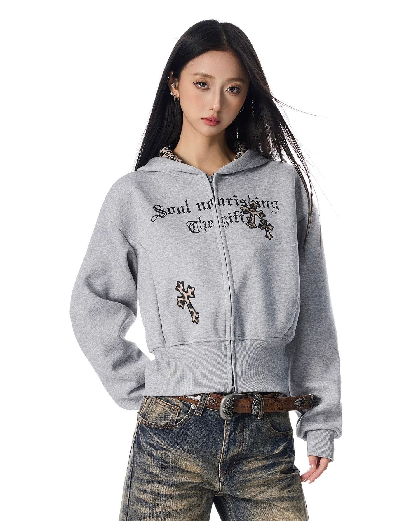【評価★4.8以上／Tops】Leopard Lined Gothic Cross Zip Hoodie mry001904