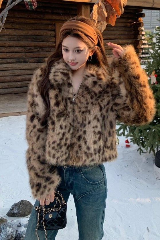 Leopard Faux Fur Zip Jacket mry002202