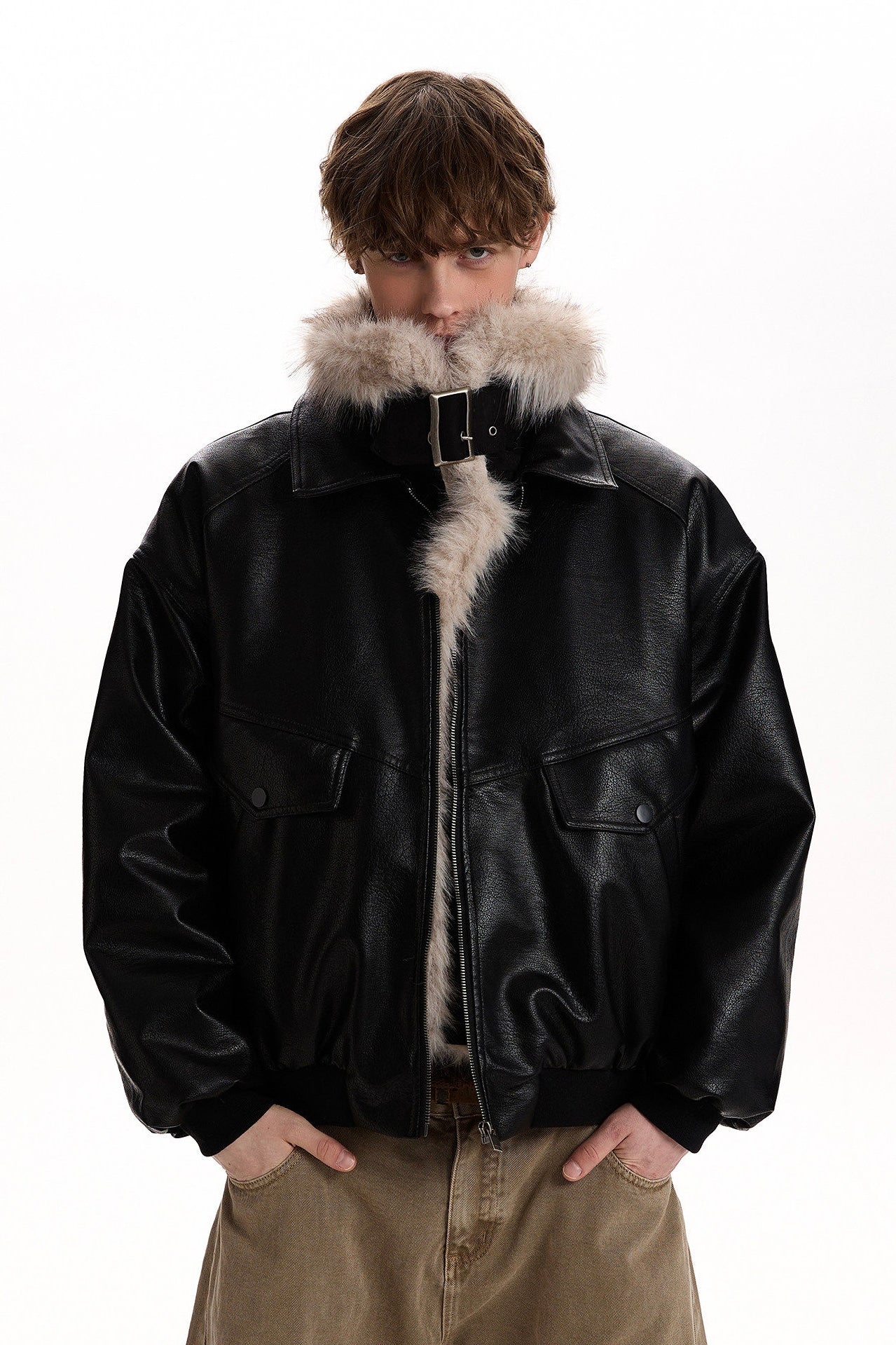 Leather Fur Collar Bomber Jacket mry002194