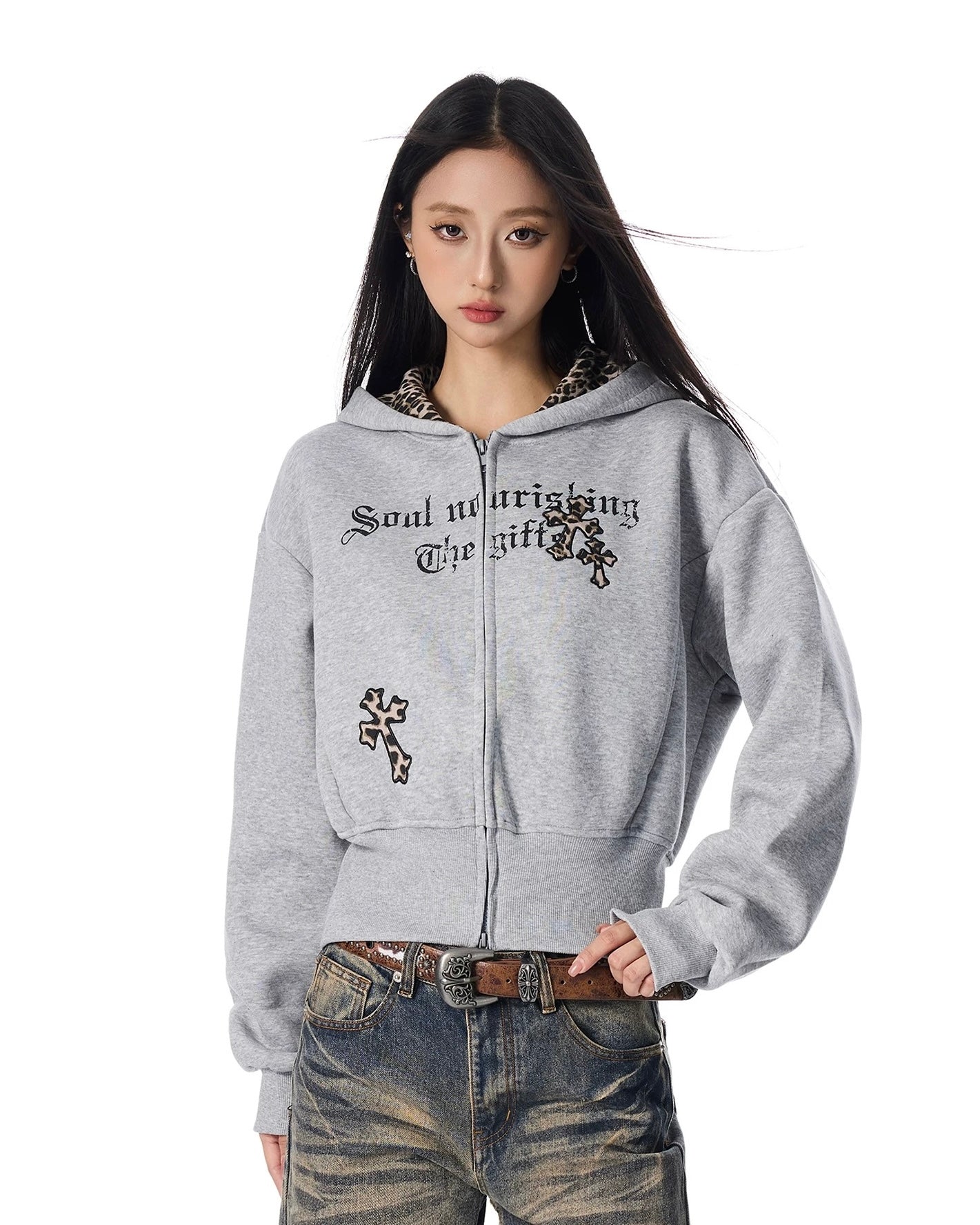 【評価★4.8以上／Tops】Leopard Lined Gothic Cross Zip Hoodie mry001904