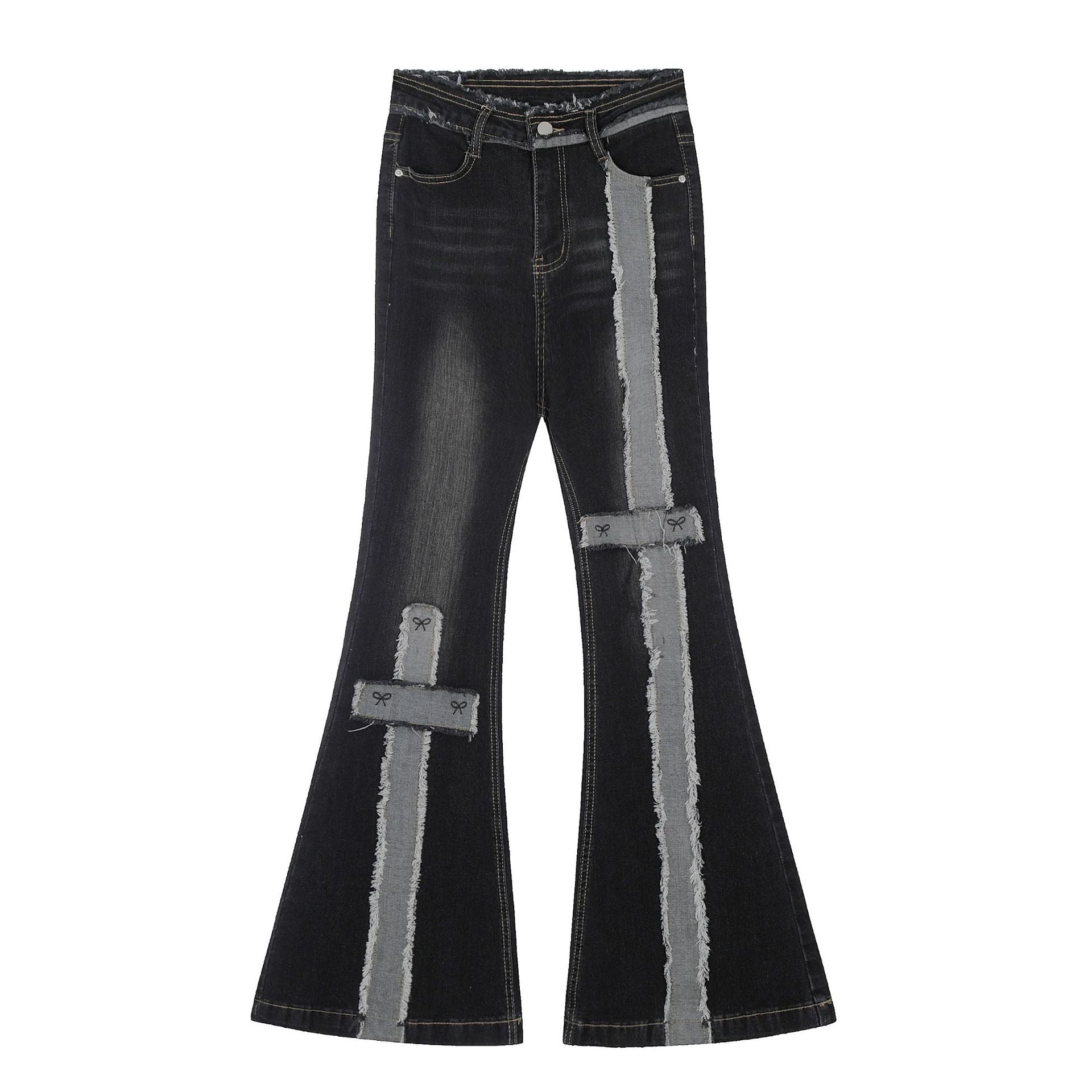 Ribbon Strap Panel Flare Denim Pants mry001667