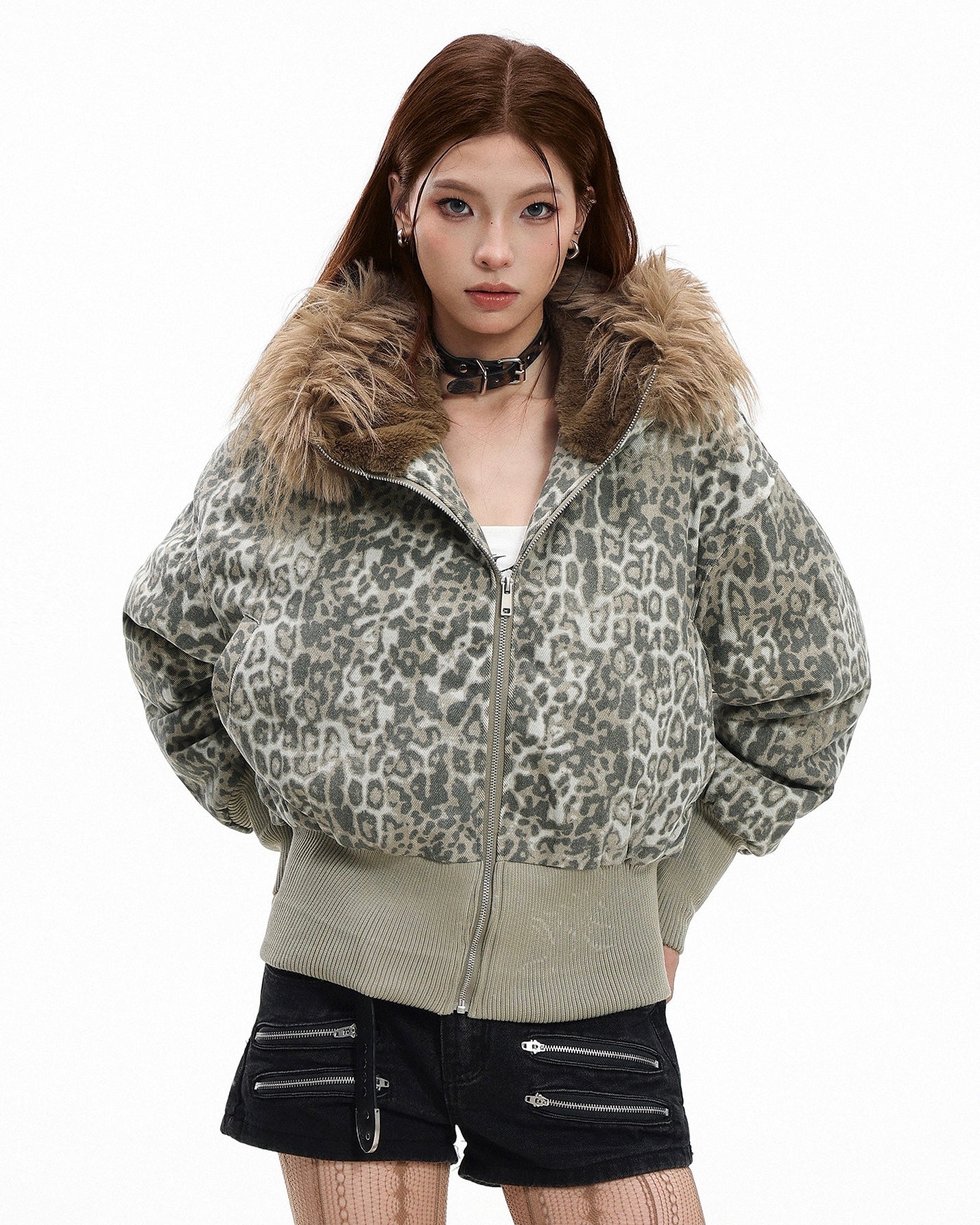 Cropped Leopard Bomber Jacket mry002114