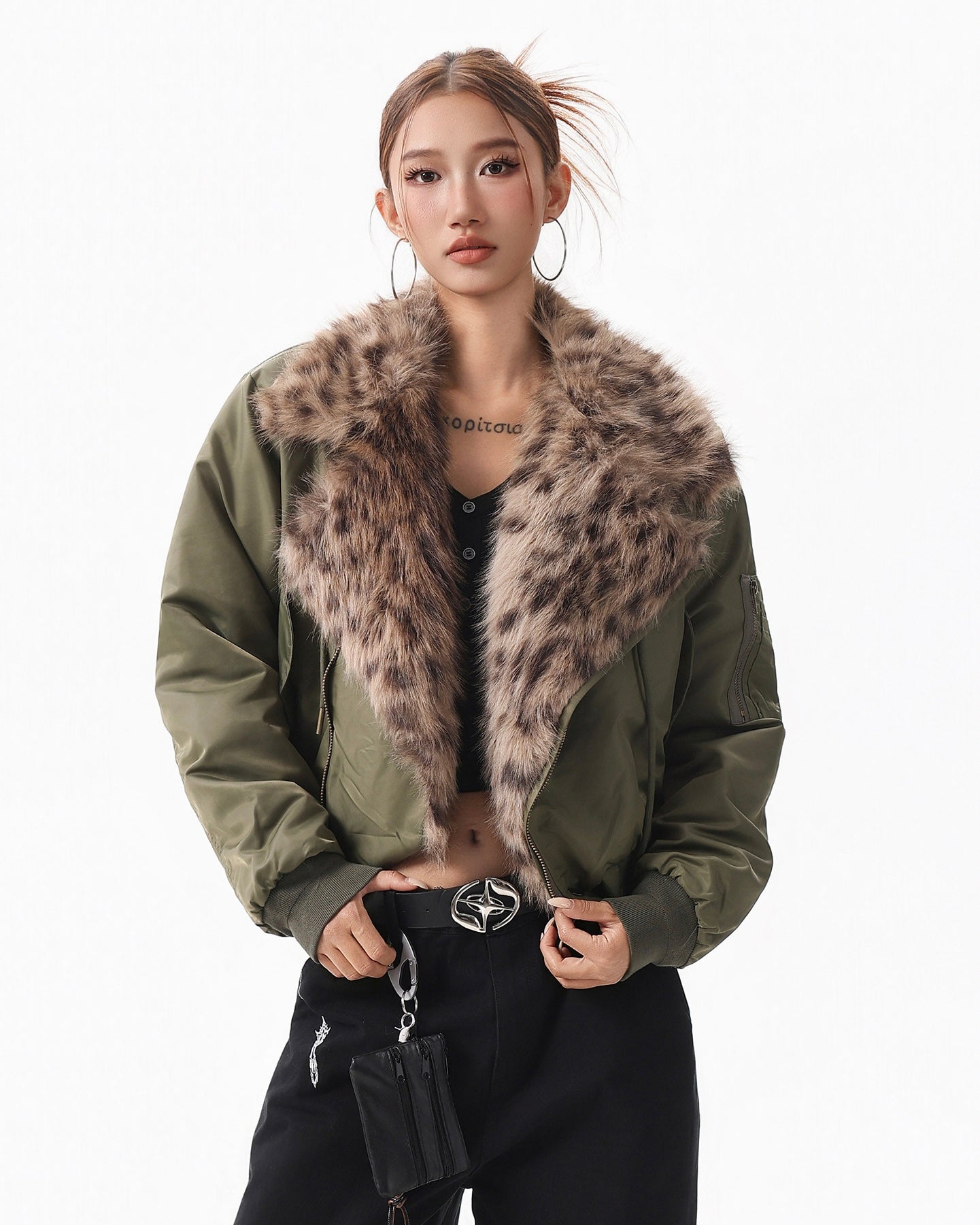 Leopard Faux Fur Collar Bomber mry002092
