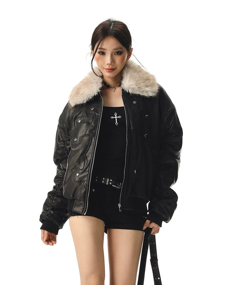 Fur Collar Cross Leather Jacket mry002018