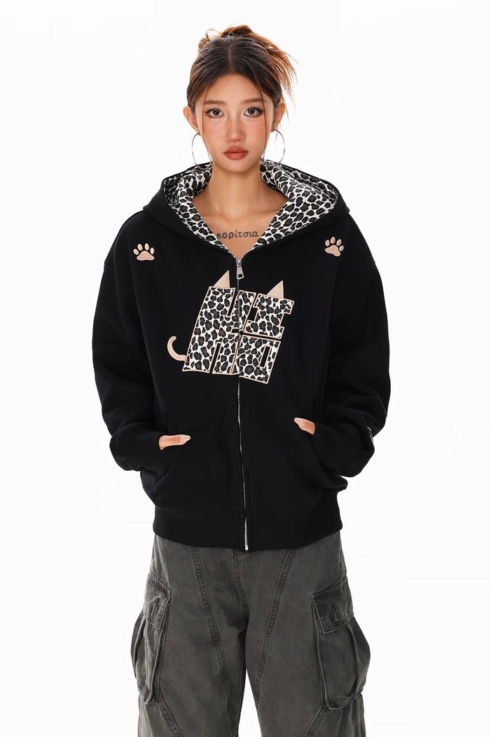 Leopard Cat Ear Zip Hoodie mry002296