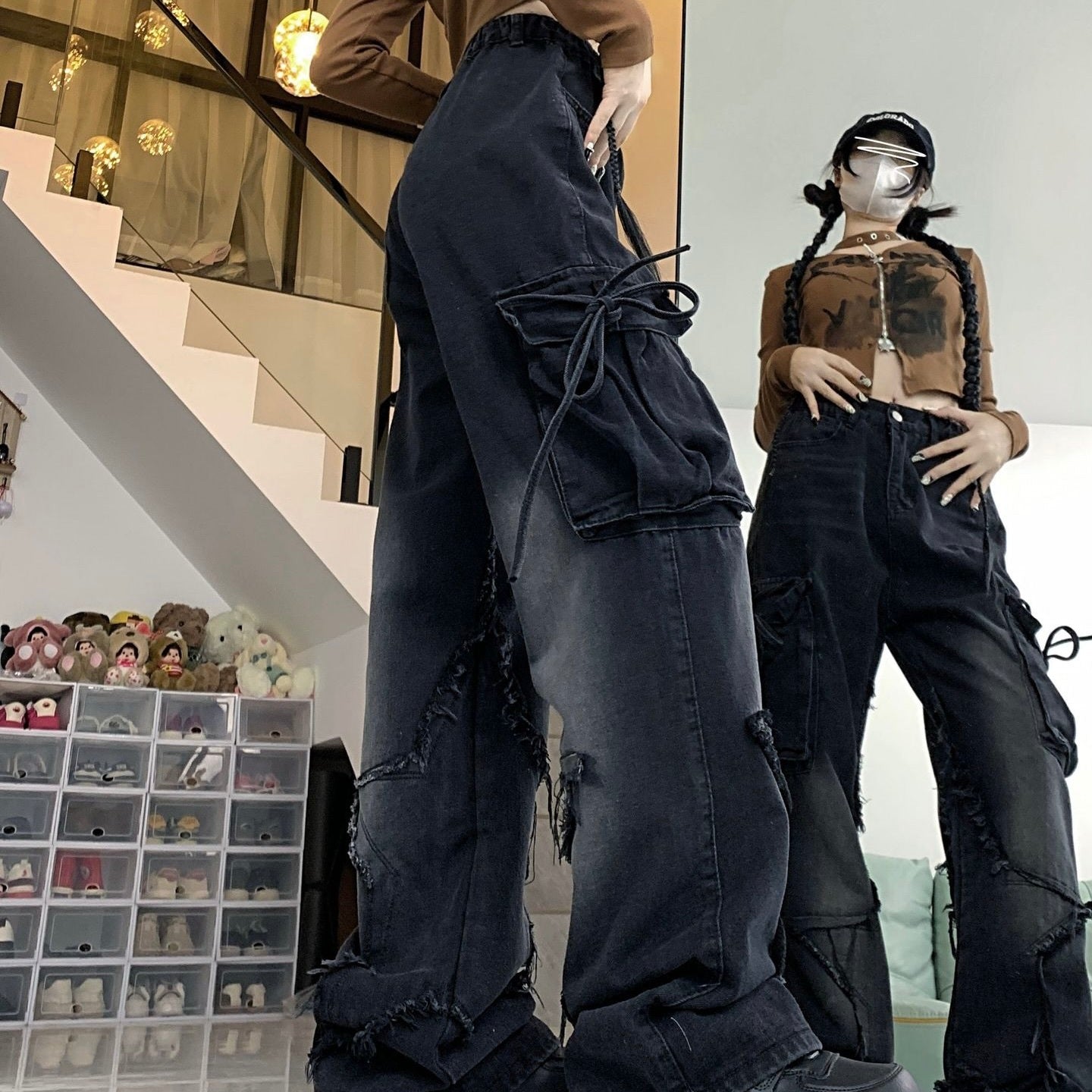 Denim Fabric Wide Cargo Pants  mry001232