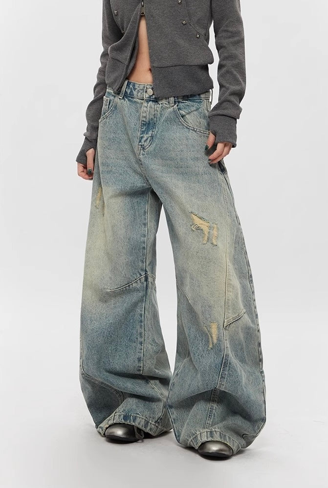 Vintage Wide-Leg Distressed Baggy Denim Pants mry001629